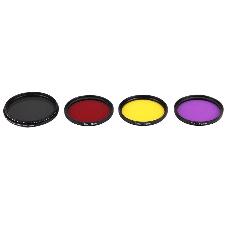 JUNESTAR 4 in 1 Proffesional 52mm Lens Filter(ND2-400 + Red + Yellow + FLD / Purple) for GoPro HERO5 / 4s / 4 / 3+ / 3 / 2 & Xiaomi Xiaoyi Yi I / II 4K & SJCAM Sport Action Camera, 4 in 1 52mm Lens 4 in 1 52mm Lens