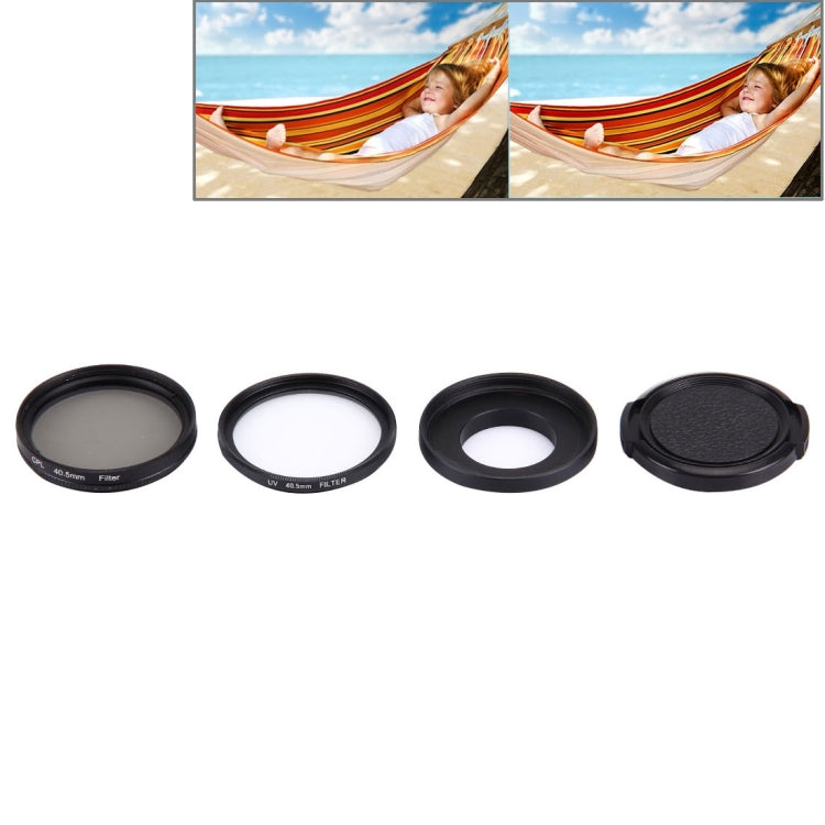 JUNESTAR 4 in 1 Proffesional 40.5mm Lens Filter(CPL + UV) & Waterproof Housing Case Adapter Ring & Lens Protective Cap for GoPro HERO4 / 3+ / 3 Sport Action Camera, 4 in 1 40.5mm Lens – Waterproof