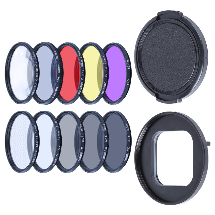 RUIGPRO for GoPro HERO10 Black / HERO9 Black Professional 52mm 52mm 10 in 1 UV+ND2+ND4+ND8+Star 8+ +CPL+Yellow/Red/Purple+10X Close-up Lens Filter with Filter Adapter Ring & Lens Cap Default Title