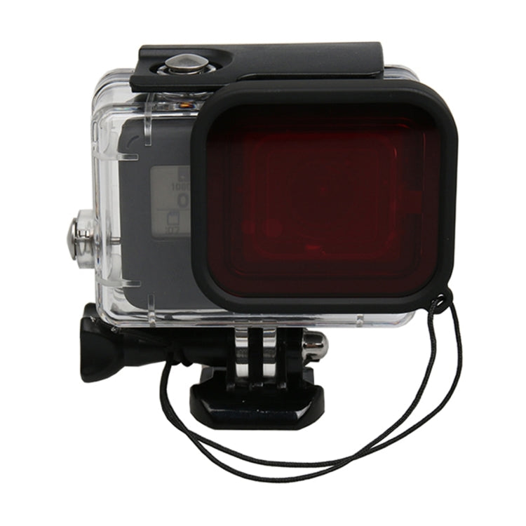 For GoPro HERO5 30m Waterproof PC & ABS Housing Protective Case + Camera Lens Red Quadrate Filter with Buckle Basic Mount & Long Screw & Anti-lost Hand Strap, Protective Case + Filter – Waterproof