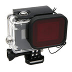 For GoPro HERO5 30m Waterproof PC & ABS Housing Protective Case + Camera Lens Red Quadrate Filter with Buckle Basic Mount & Long Screw & Anti-lost Hand Strap, Protective Case + Filter – Waterproof