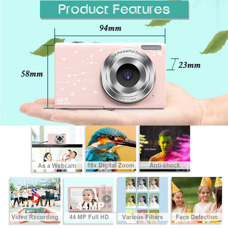 DC402 2.4 inch 44MP 16X Zoom 2.7K Full HD Digital Camera Children Card Camera, UK Plug, UK Plug – Lanyard