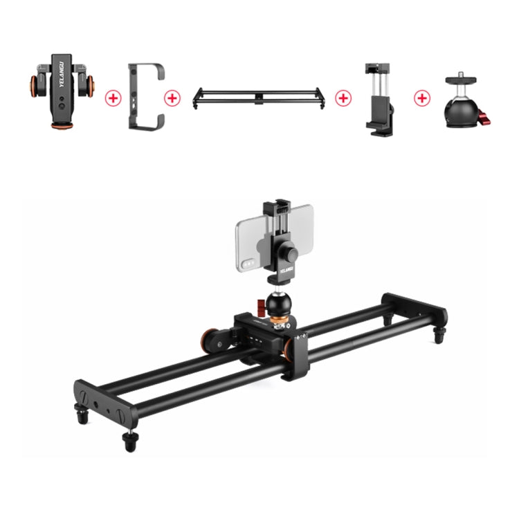 YELANGU L60E 60cm Slide Rail Track + L4 3-Wheel Video Dolly with Phone Clamp & Ballhead, L60E+L4X+PC03+T1 – Aluminum Alloy
