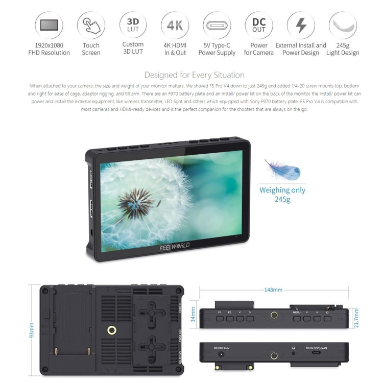 FEELWORLD F5 Pro V4 6 inch Touch Screen DSLR Camera Field Monitor 3D LUT 4K HDMI Input Output Tilt Arm, F5 Pro V4 – Flip, TPU, 4K