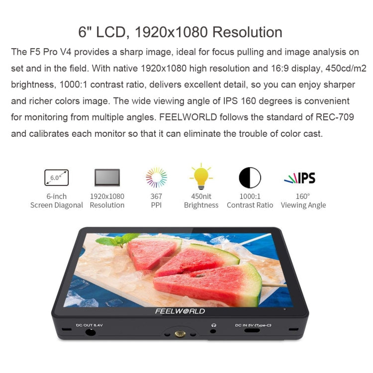 FEELWORLD F5 Pro V4 6 inch Touch Screen DSLR Camera Field Monitor 3D LUT 4K HDMI Input Output Tilt Arm, F5 Pro V4 – Flip, TPU, 4K