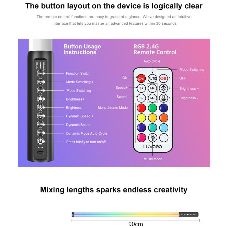 LUXCeO Mood1 Pro 90cm RGB Colorful Atmosphere Rhythm LED Stick Handheld Video Photo Fill Light, No Tripod, 90cm – Durable Build, Easy to Use