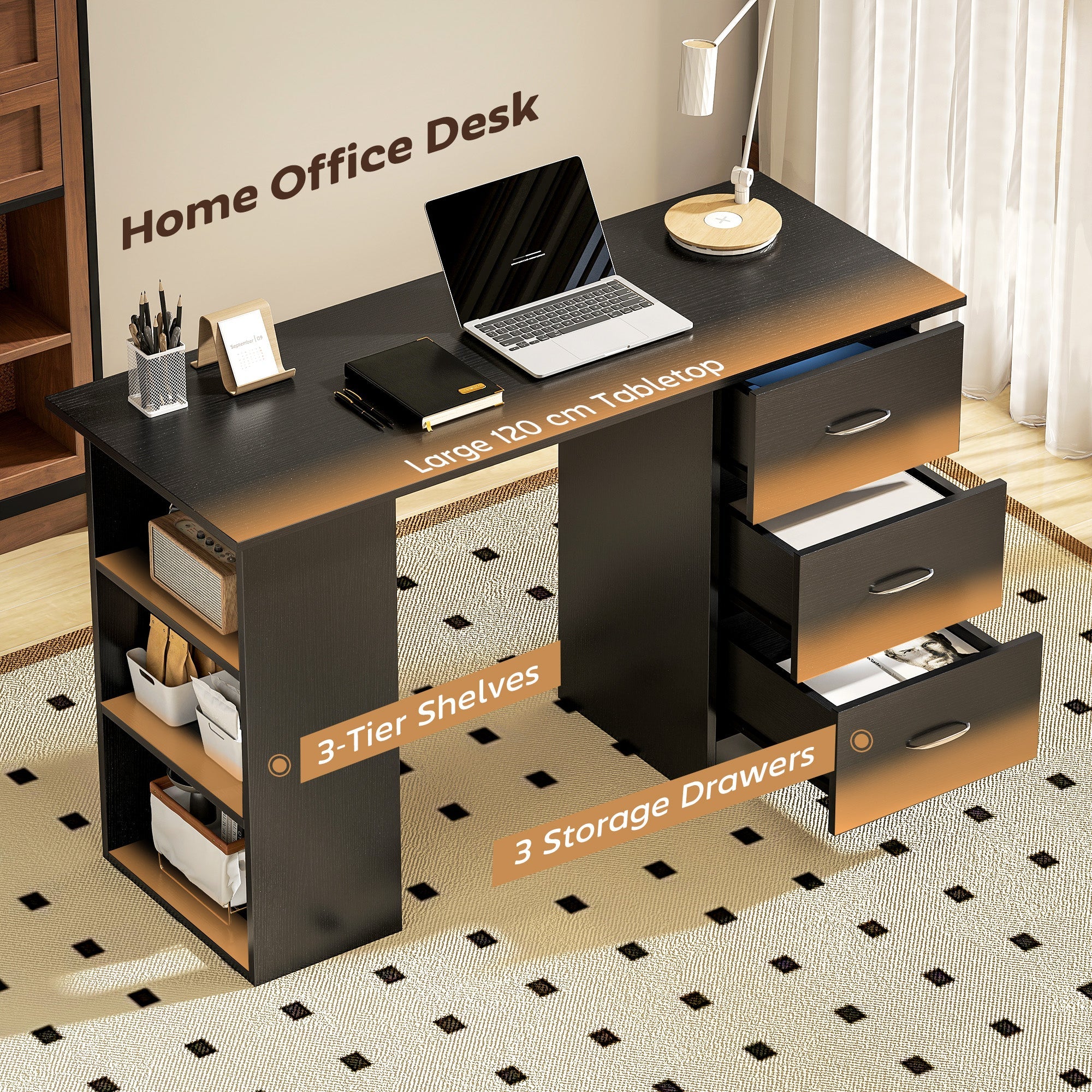 Computer Desk with Drawers, Home Office Desk, Writing Table, PC Workstation with 3 Storage Shelves for Working, Study, 120 x 49 x 72 cm, Black