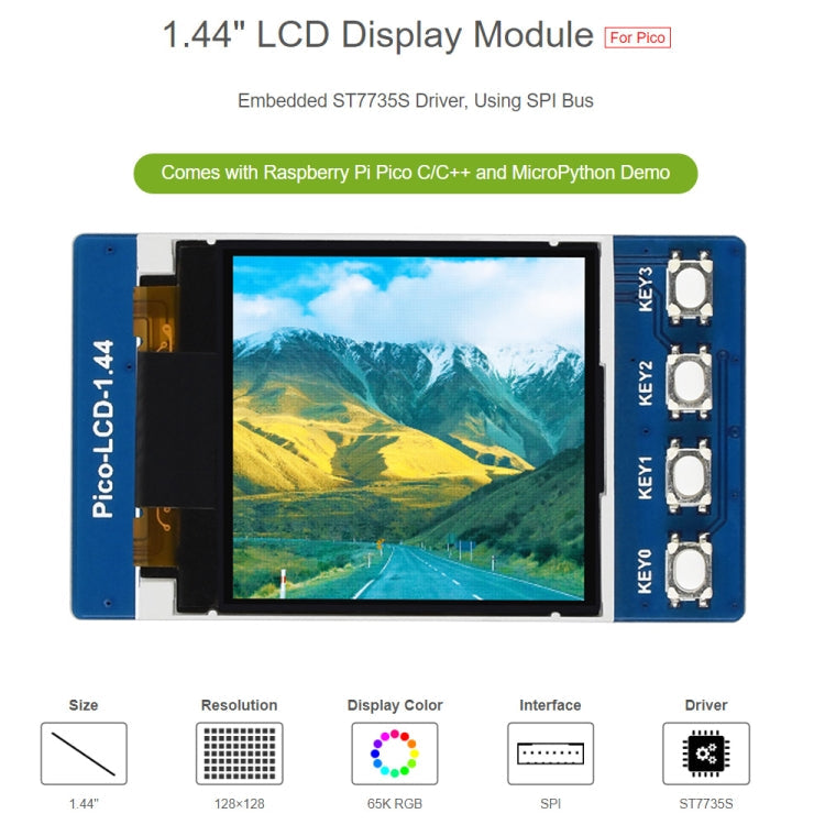 WAVESHARE 1.44 inch LCD 65K Colors 128 x 128 Display Module for Raspberry Pi Pico, SPI Interface, 1.44 inch – Durable Build, Easy to Use