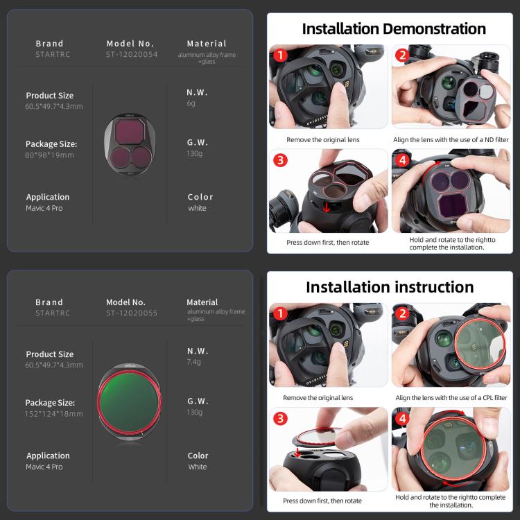 For DJI Mavic 4 Pro STARTRC 4 in 1 CPL ND8 ND32 ND64 Lens Filter Kit, CPL ND8 ND32 ND64 – Aluminum Alloy
