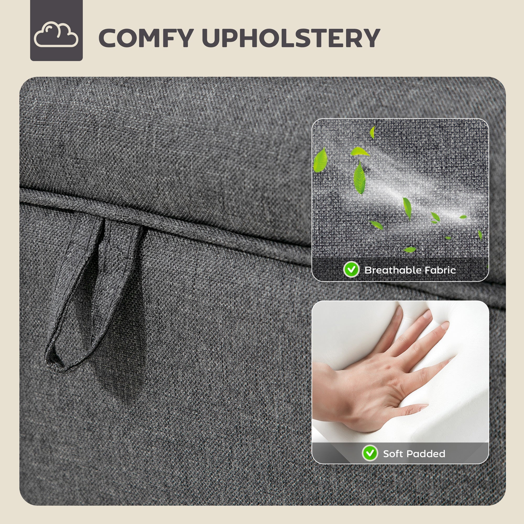 16L Linen Storage Ottoman Padded Footstool with Rubberwood Legs, Charcoal Grey