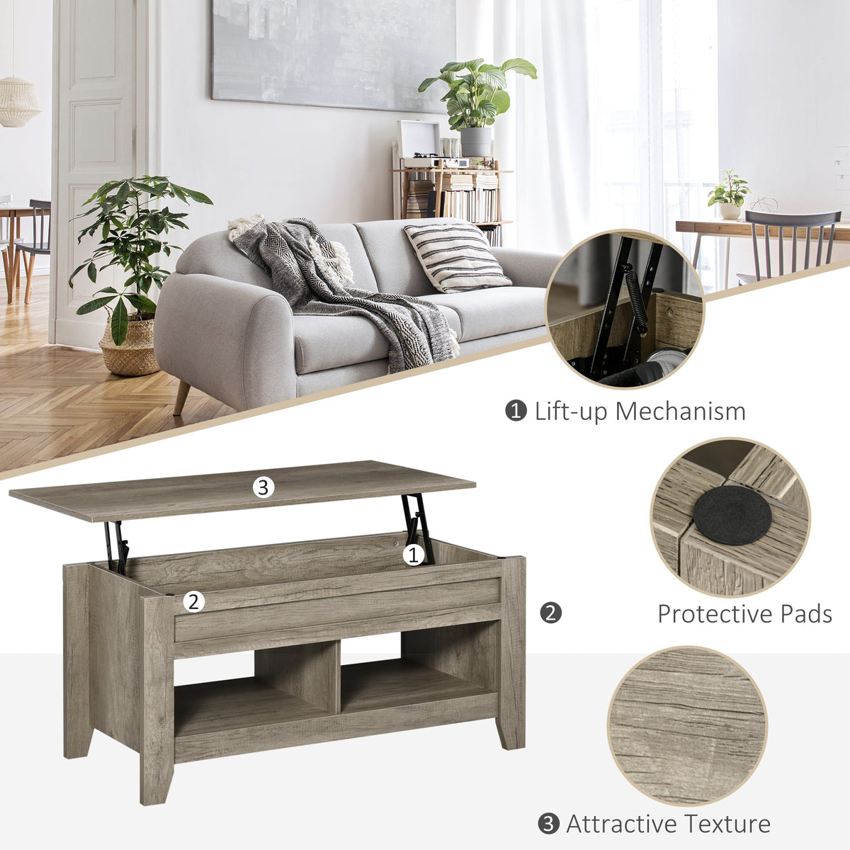 Lift Top Coffee Table with Hidden Storage Compartment, Lift Tabletop Pop-Up Center Table for Living Room