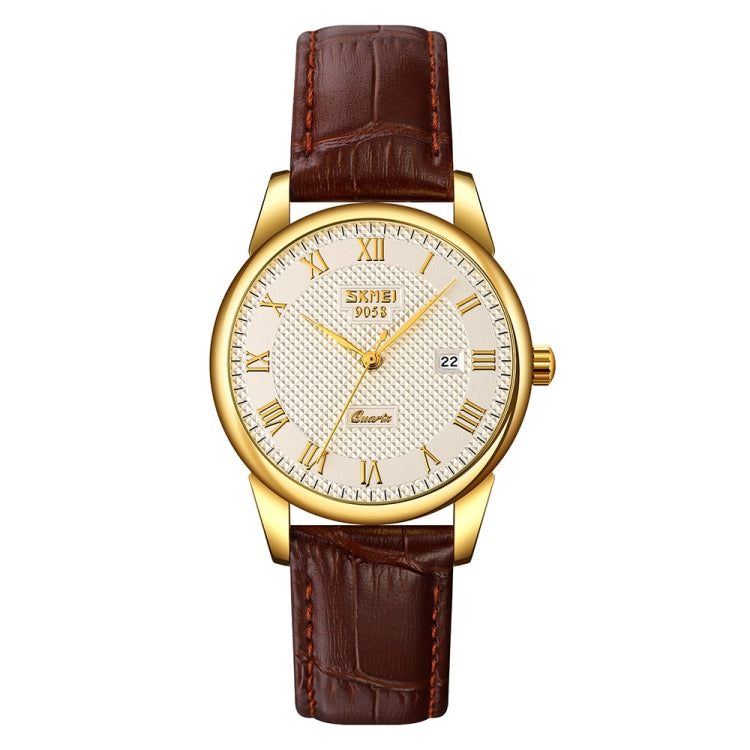 Wrist Watch – 9058 Multifunctional Outdoor Fashion Waterproof Gold Shell Quartz Wrist... Women Style Silver Face Brown Strap