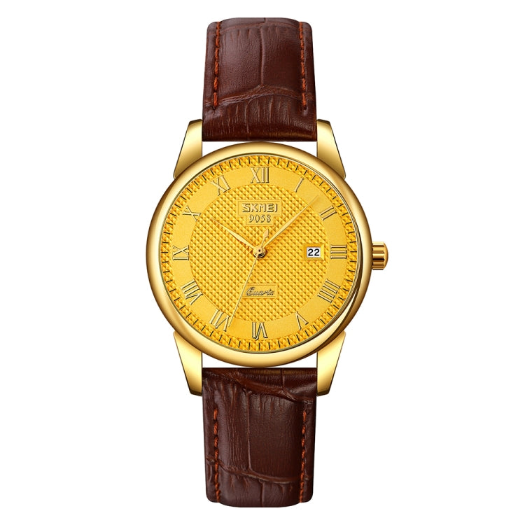 Wrist Watch – 9058 Multifunctional Outdoor Fashion Waterproof Gold Shell Quartz Wrist... Women Style Gold Face Brown Strap