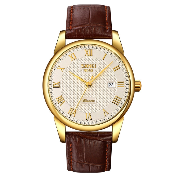 Wrist Watch – 9058 Multifunctional Outdoor Fashion Waterproof Gold Shell Quartz Wrist... Men Style Silver Face Brown Strap