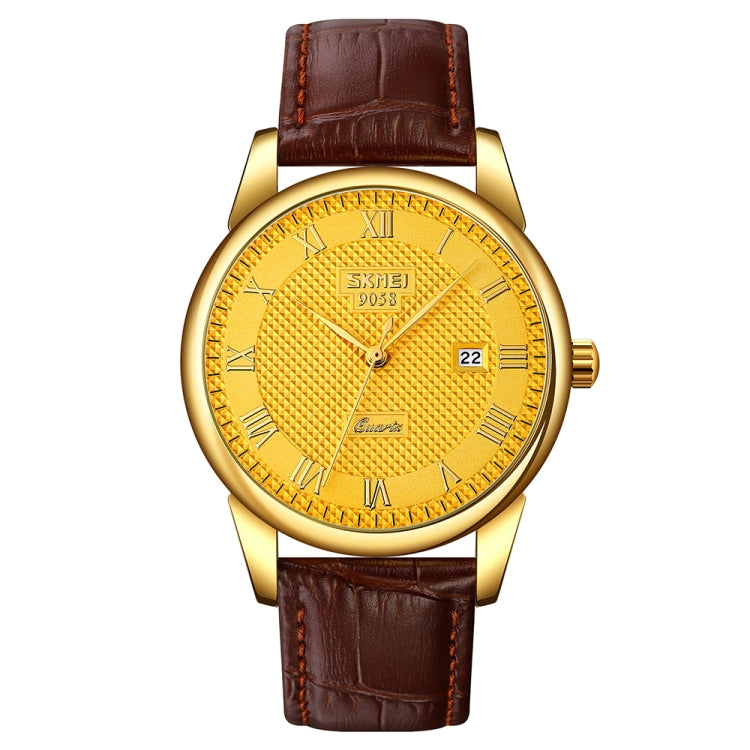 Wrist Watch – 9058 Multifunctional Outdoor Fashion Waterproof Gold Shell Quartz Wrist... Men Style Gold Face Brown Strap