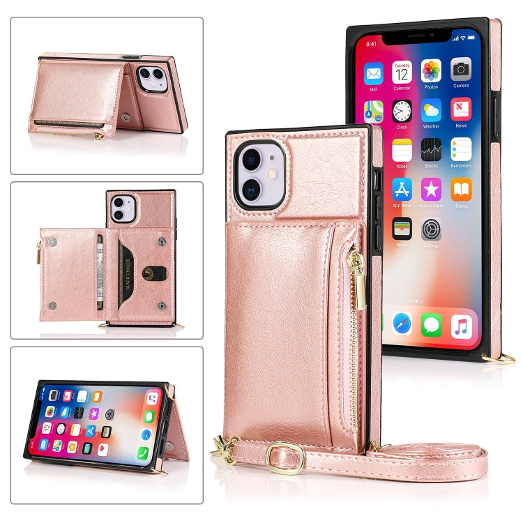 Square Zipper Wallet Bag TPU+PU Back Cover Case with Holder & Card Slots & Wallet & Cross-body Strap – Lanyard, Card Slot, Leather, For iPhone 8 Plus / 7 Plus, For iPhone 11, For iPhone 11 Pro, For iPhone 11 Pro Max, For iPhone SE 2022 / SE 2020 / 8 / 7 For iPhone 11 Rose Glod