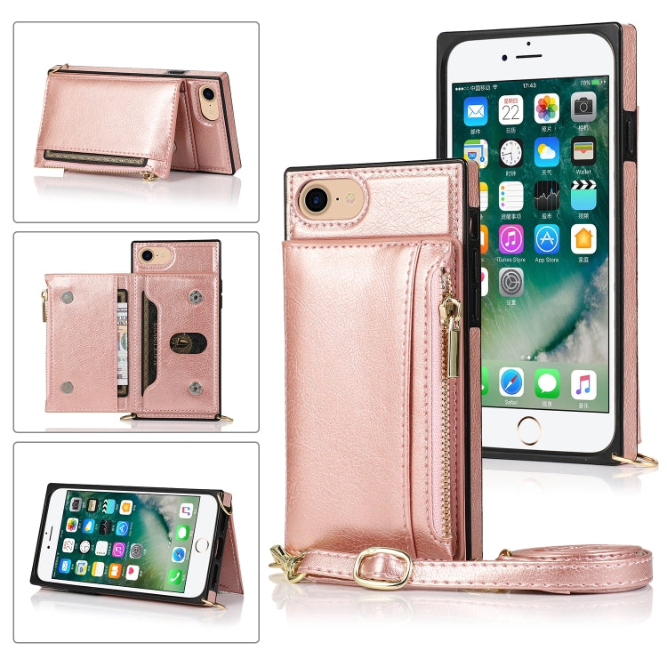 Square Zipper Wallet Bag TPU+PU Back Cover Case with Holder & Card Slots & Wallet & Cross-body Strap – Lanyard, Card Slot, Leather, For iPhone 8 Plus / 7 Plus, For iPhone 11, For iPhone 11 Pro, For iPhone 11 Pro Max, For iPhone SE 2022 / SE 2020 / 8 / 7 For iPhone SE 2022 SE 2020 8 7 Rose Glod
