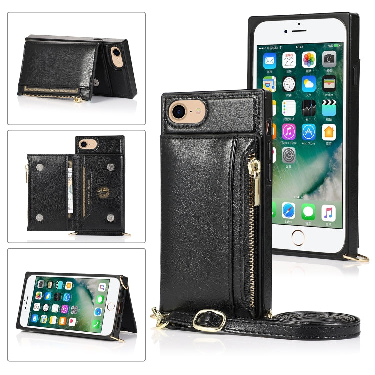 Square Zipper Wallet Bag TPU+PU Back Cover Case with Holder & Card Slots & Wallet & Cross-body Strap – Lanyard, Card Slot, Leather, For iPhone 8 Plus / 7 Plus, For iPhone 11, For iPhone 11 Pro, For iPhone 11 Pro Max, For iPhone SE 2022 / SE 2020 / 8 / 7 For iPhone SE 2022 SE 2020 8 7 Black