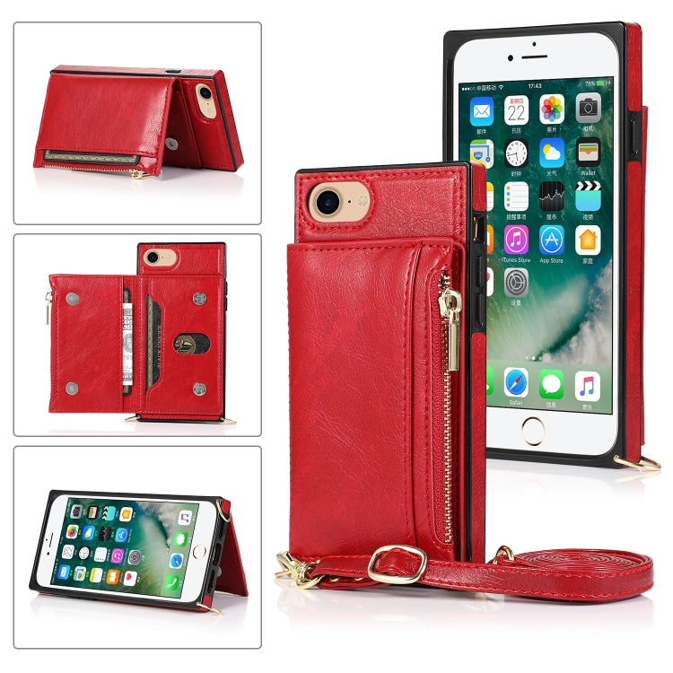Square Zipper Wallet Bag TPU+PU Back Cover Case with Holder & Card Slots & Wallet & Cross-body Strap – Lanyard, Card Slot, Leather, For iPhone 8 Plus / 7 Plus, For iPhone 11, For iPhone 11 Pro, For iPhone 11 Pro Max, For iPhone SE 2022 / SE 2020 / 8 / 7 For iPhone SE 2022 SE 2020 8 7 Red