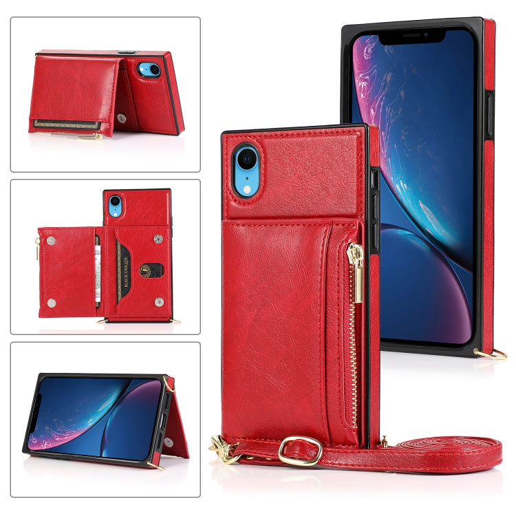 Square Zipper Wallet Bag TPU+PU Back Cover Case with Holder & Card Slots & Wallet & Cross-body Strap – Lanyard, Card Slot, Leather, For iPhone 8 Plus / 7 Plus, For iPhone 11, For iPhone 11 Pro, For iPhone 11 Pro Max, For iPhone SE 2022 / SE 2020 / 8 / 7 For iPhone XR Red