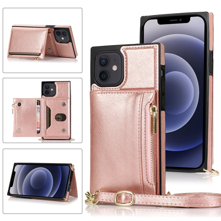 Square Zipper Wallet Bag TPU+PU Back Cover Case with Holder & Card Slots & Wallet & Cross-body Strap – Lanyard, Card Slot, Leather, For iPhone 8 Plus / 7 Plus, For iPhone 11, For iPhone 11 Pro, For iPhone 11 Pro Max, For iPhone SE 2022 / SE 2020 / 8 / 7 For iPhone 12 mini Rose Glod