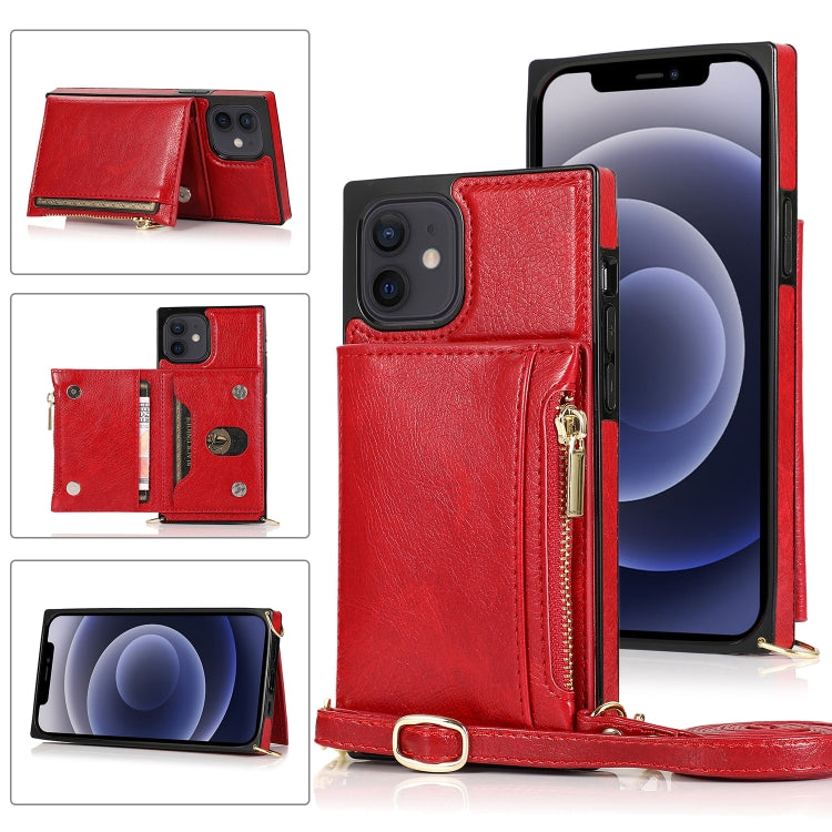 Square Zipper Wallet Bag TPU+PU Back Cover Case with Holder & Card Slots & Wallet & Cross-body Strap – Lanyard, Card Slot, Leather, For iPhone 8 Plus / 7 Plus, For iPhone 11, For iPhone 11 Pro, For iPhone 11 Pro Max, For iPhone SE 2022 / SE 2020 / 8 / 7 For iPhone 12 mini Red