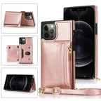 Square Zipper Wallet Bag TPU+PU Back Cover Case with Holder & Card Slots & Wallet & Cross-body Strap, For iPhone 12 Pro Max, For iPhone XS / X, For iPhone XS Max For iPhone 12 Pro Max Rose Glod