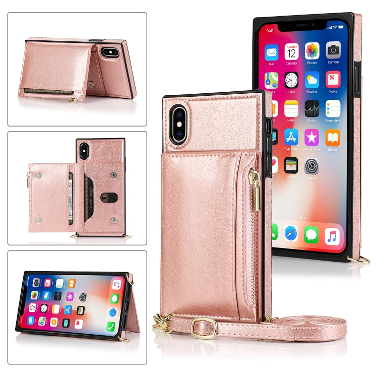 Square Zipper Wallet Bag TPU+PU Back Cover Case with Holder & Card Slots & Wallet & Cross-body Strap – Lanyard, Card Slot, Leather, For iPhone 12 Pro Max, For iPhone XS / X, For iPhone XS Max For iPhone XS X Rose Glod