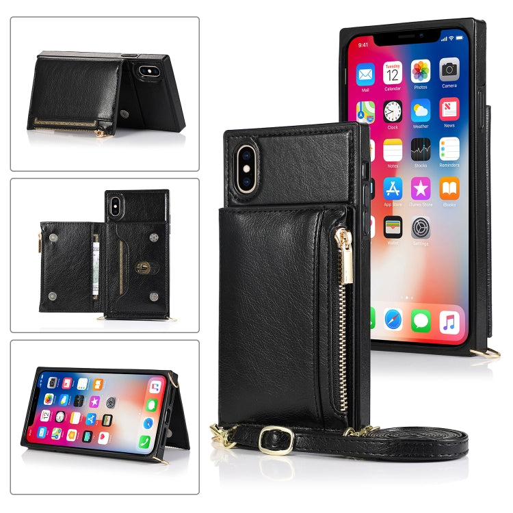 Square Zipper Wallet Bag TPU+PU Back Cover Case with Holder & Card Slots & Wallet & Cross-body Strap – Lanyard, Card Slot, Leather, For iPhone 12 Pro Max, For iPhone XS / X, For iPhone XS Max For iPhone XS X Black