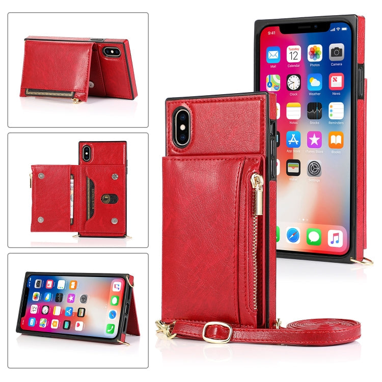 Square Zipper Wallet Bag TPU+PU Back Cover Case with Holder & Card Slots & Wallet & Cross-body Strap – Lanyard, Card Slot, Leather, For iPhone 12 Pro Max, For iPhone XS / X, For iPhone XS Max For iPhone XS X Red