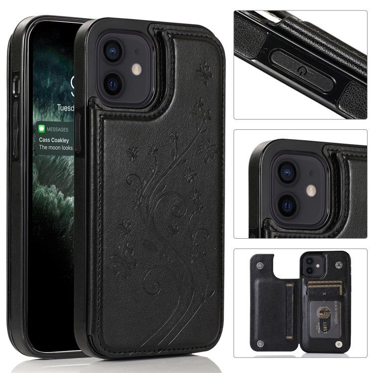 Butterflies Flowers Double Buckle PU + TPU Protective Case with Holder & Card Slots & Photo Frame, For iPhone 12 mini, For iPhone 12 / 12 Pro For iPhone 12 mini Black