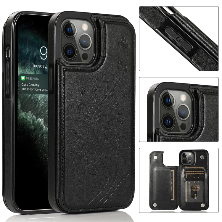 Butterflies Flowers Double Buckle PU + TPU Protective Case with Holder & Card Slots & Photo Frame, For iPhone 12 Pro Max For iPhone 12 Pro Max Black