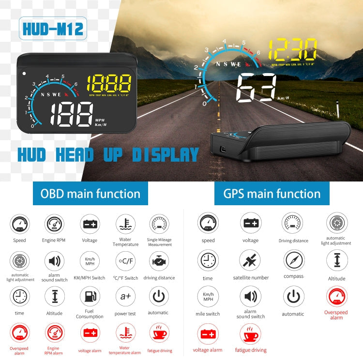 M12 OBD2 + GPS Mode Car Head-up Display HUD Overspeed / Speed / Water Temperature / Low Voltage / Fault Alarm, M12