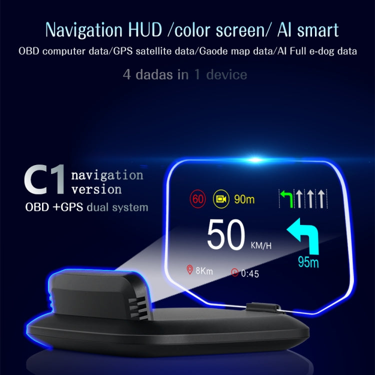 C1 OBD2 + GPS Mode Car HUD Head-up Display Compass / Speed / Water Temperature / Voltage Display / Speed / Fault Alarm / Navigation Function, C1 With Navigation Function – Bluetooth, Non-slip