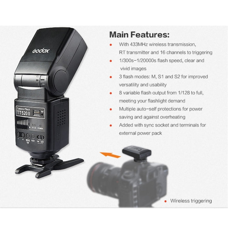 Godox TT520II 433MHZ Wireless 1/300s-1/2000s HSS Flash Speedlite Camera Top Fill Light for Canon / Nikon DSLR Cameras, TT520II