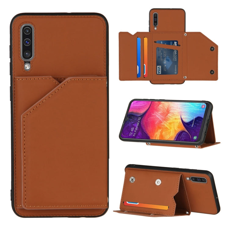 Skin Feel PU + TPU + PC Back Cover Shockproof Case with Card Slots & Holder & Photo Frame – Shockproof, Card Slot, Flip, For OPPO Realme 7, For Samsung Galaxy A50 & A30s & A50s, For OPPO Realme C11, For Samsung Galaxy A70 & A70s, For OPPO Realme C15 For Samsung Galaxy A50 & A30s & A50s Brown