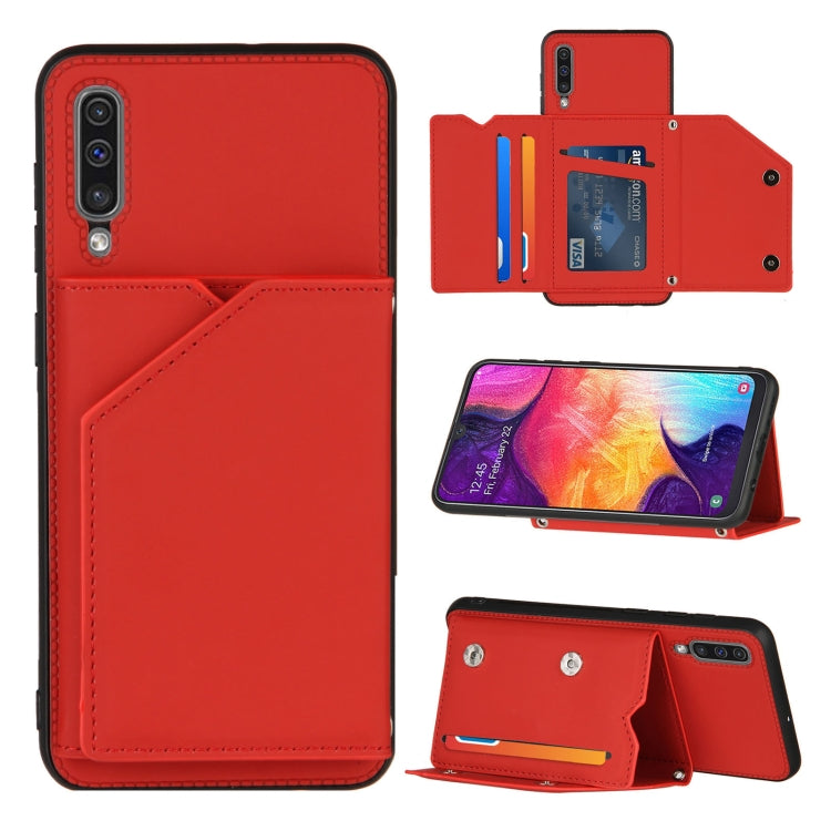 Skin Feel PU + TPU + PC Back Cover Shockproof Case with Card Slots & Holder & Photo Frame – Shockproof, Card Slot, Flip, For OPPO Realme 7, For Samsung Galaxy A50 & A30s & A50s, For OPPO Realme C11, For Samsung Galaxy A70 & A70s, For OPPO Realme C15 For Samsung Galaxy A50 & A30s & A50s Red
