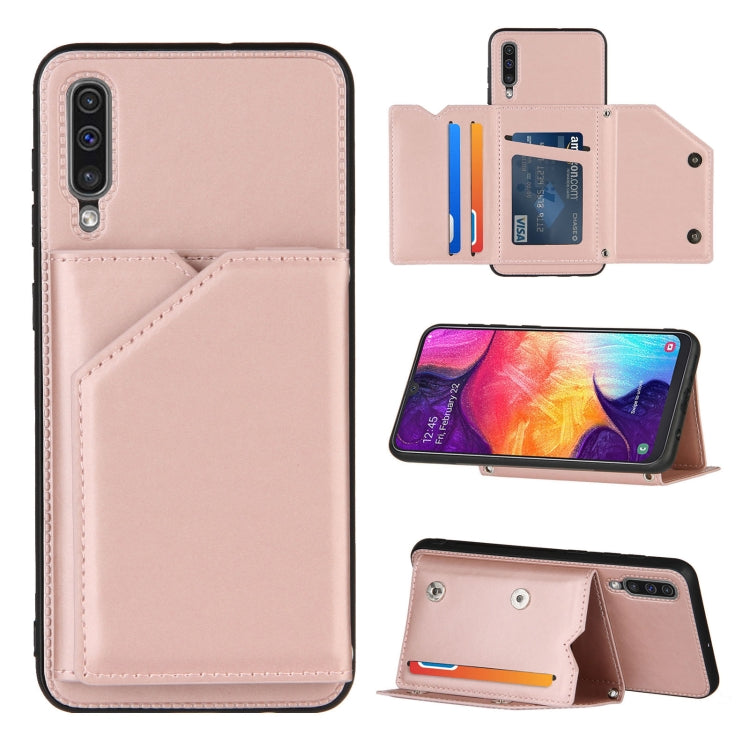 Skin Feel PU + TPU + PC Back Cover Shockproof Case with Card Slots & Holder & Photo Frame – Shockproof, Card Slot, Flip, For OPPO Realme 7, For Samsung Galaxy A50 & A30s & A50s, For OPPO Realme C11, For Samsung Galaxy A70 & A70s, For OPPO Realme C15 For Samsung Galaxy A50 & A30s & A50s Rose Gold