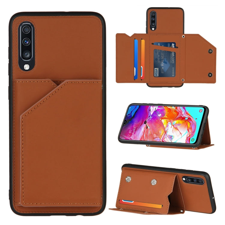 Skin Feel PU + TPU + PC Back Cover Shockproof Case with Card Slots & Holder & Photo Frame – Shockproof, Card Slot, Flip, For OPPO Realme 7, For Samsung Galaxy A50 & A30s & A50s, For OPPO Realme C11, For Samsung Galaxy A70 & A70s, For OPPO Realme C15 For Samsung Galaxy A70 & A70s Brown