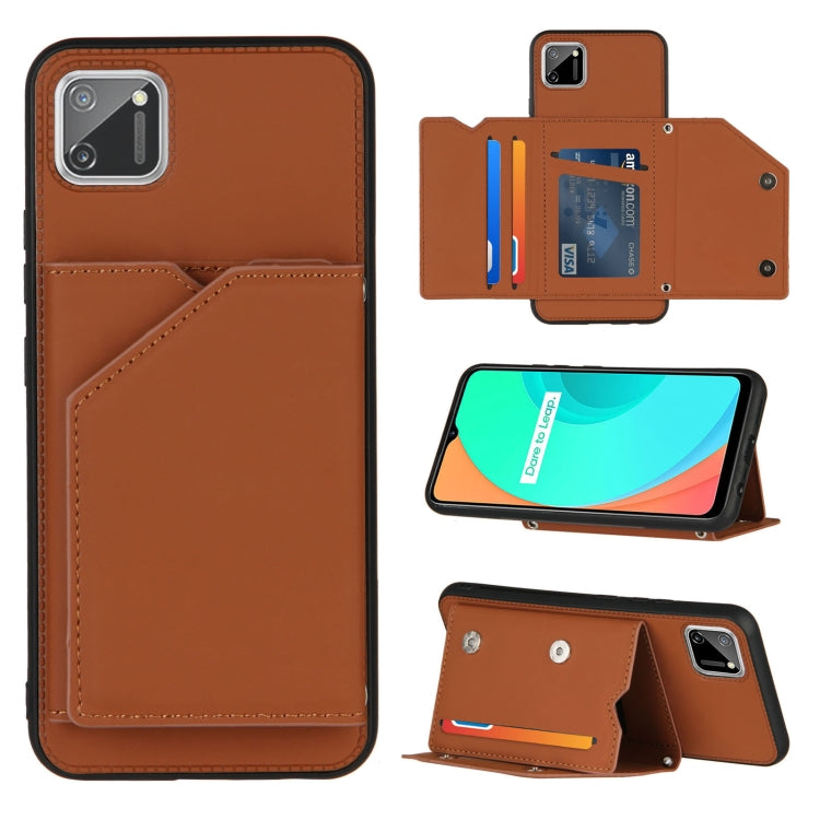 Skin Feel PU + TPU + PC Back Cover Shockproof Case with Card Slots & Holder & Photo Frame – Shockproof, Card Slot, Flip, For OPPO Realme 7, For Samsung Galaxy A50 & A30s & A50s, For OPPO Realme C11, For Samsung Galaxy A70 & A70s, For OPPO Realme C15 For OPPO Realme C11 Brown