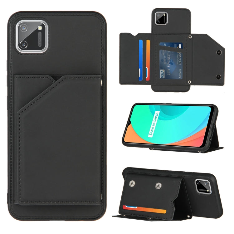 Skin Feel PU + TPU + PC Back Cover Shockproof Case with Card Slots & Holder & Photo Frame – Shockproof, Card Slot, Flip, For OPPO Realme 7, For Samsung Galaxy A50 & A30s & A50s, For OPPO Realme C11, For Samsung Galaxy A70 & A70s, For OPPO Realme C15 For OPPO Realme C11 Black