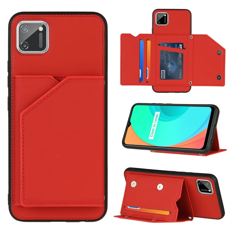 Skin Feel PU + TPU + PC Back Cover Shockproof Case with Card Slots & Holder & Photo Frame – Shockproof, Card Slot, Flip, For OPPO Realme 7, For Samsung Galaxy A50 & A30s & A50s, For OPPO Realme C11, For Samsung Galaxy A70 & A70s, For OPPO Realme C15 For OPPO Realme C11 Red