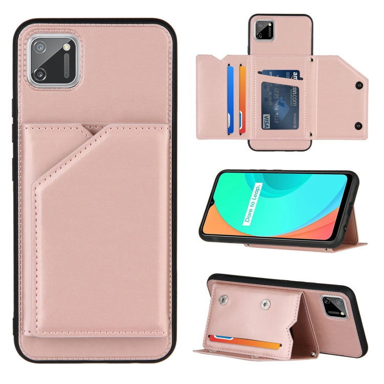 Skin Feel PU + TPU + PC Back Cover Shockproof Case with Card Slots & Holder & Photo Frame – Shockproof, Card Slot, Flip, For OPPO Realme 7, For Samsung Galaxy A50 & A30s & A50s, For OPPO Realme C11, For Samsung Galaxy A70 & A70s, For OPPO Realme C15 For OPPO Realme C11 Rose Gold