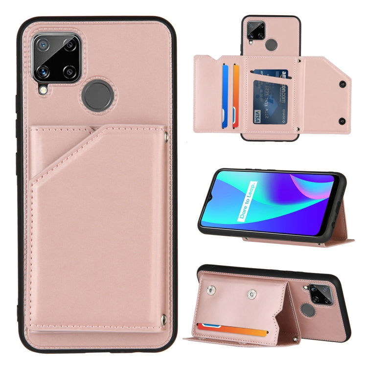 Skin Feel PU + TPU + PC Back Cover Shockproof Case with Card Slots & Holder & Photo Frame – Shockproof, Card Slot, Flip, For OPPO Realme 7, For Samsung Galaxy A50 & A30s & A50s, For OPPO Realme C11, For Samsung Galaxy A70 & A70s, For OPPO Realme C15 For OPPO Realme C15 Rose Gold