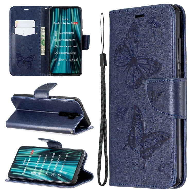 Two Butterflies Embossing Pattern Horizontal Flip Leather Case with Holder & Card Slot & Wallet & Lanyard – Lanyard, Card Slot, Flip, For Galaxy A20s, For Xiaomi Redmi Note 8 Pro For Xiaomi Redmi Note 8 Pro Dark Blue