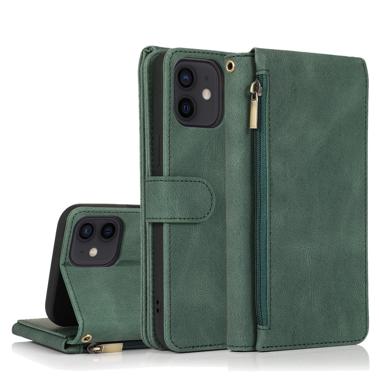 Skin-feel Crazy Horse Texture Zipper Wallet Bag Horizontal Flip Leather Case with Holder & Card Slots & Wallet & Lanyard, For iPhone 12 Pro Max For iPhone 12 Pro Max Dark Green