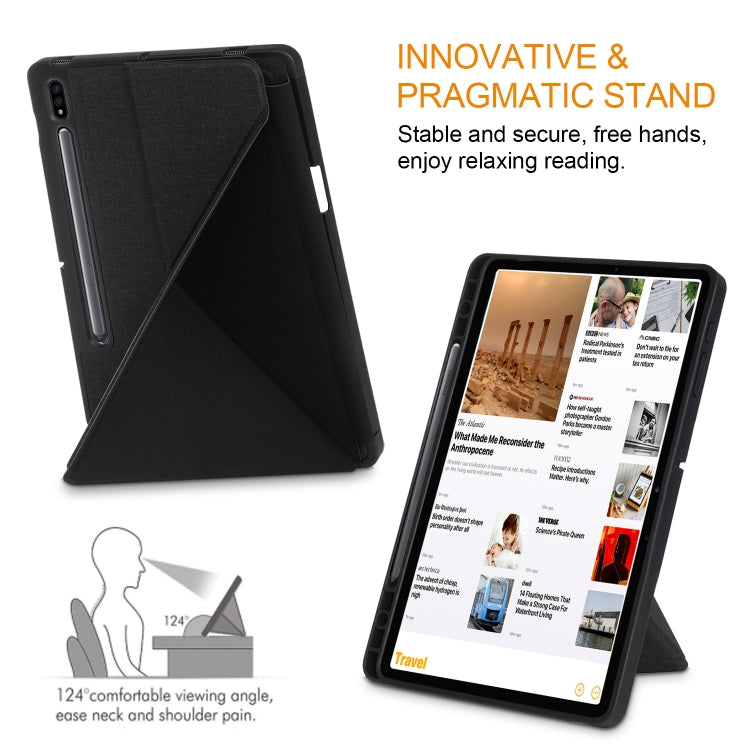 Cloth Texture Multi-folding Horizontal Flip PU Leather Shockproof Case with Holder & Sleep / Wake-up Function, For Samsung Galaxy Tab S8+ / Tab S8 Plus / Tab S7 FE / Tab S7+ T970 / T975, For Samsung Galaxy Tab S8 / Galaxy Tab S7 T870                  ...