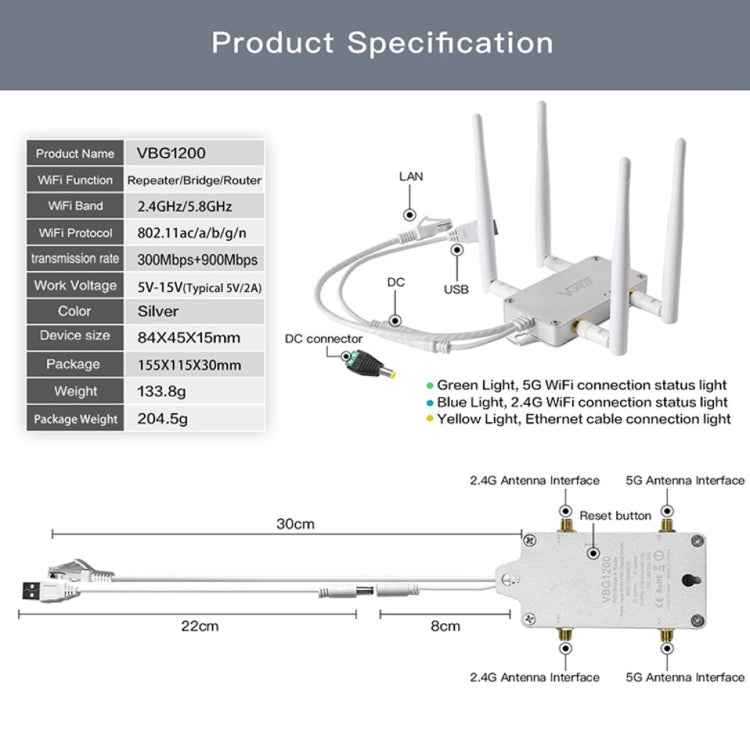 VONETS VBG1200 300Mbps+900Mbps Dual Band Wireless Router Repeater WIFI Base Station with 4 Antennas – Aluminum Alloy, TPU