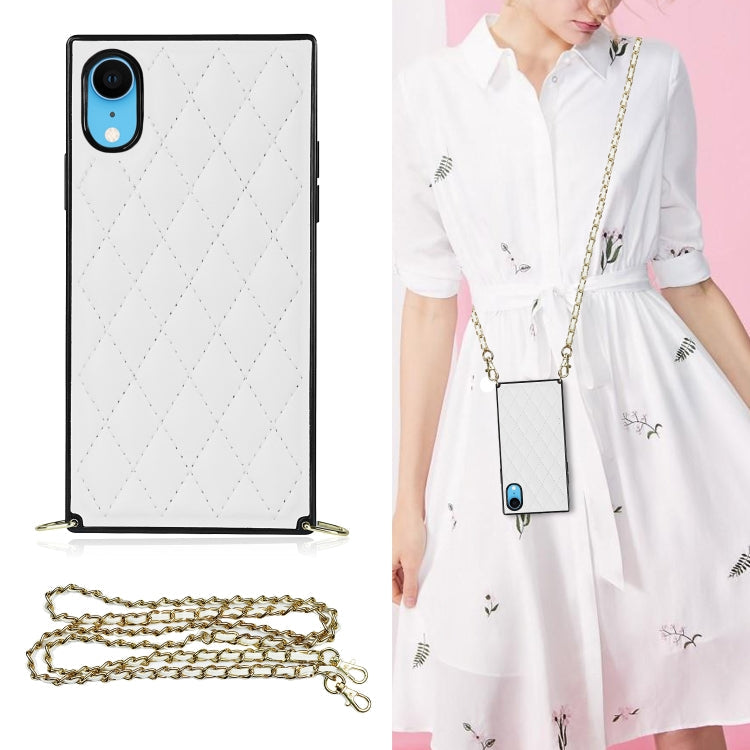 Elegant Rhombic Pattern Microfiber Leather +TPU Shockproof Case with Crossbody Strap Chain – Shockproof, Lanyard, Leather, For iPhone SE 2022 / SE 2020 / 8 / 7, For iPhone 8 Plus / 7 Plus, For iPhone X / XS, For iPhone XR For iPhone XR White