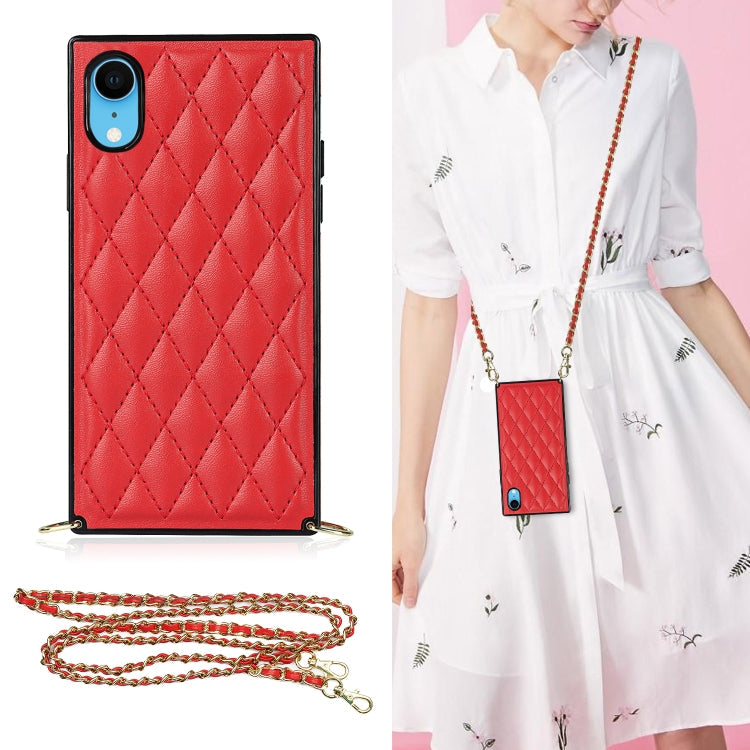 Elegant Rhombic Pattern Microfiber Leather +TPU Shockproof Case with Crossbody Strap Chain – Shockproof, Lanyard, Leather, For iPhone SE 2022 / SE 2020 / 8 / 7, For iPhone 8 Plus / 7 Plus, For iPhone X / XS, For iPhone XR For iPhone XR Red
